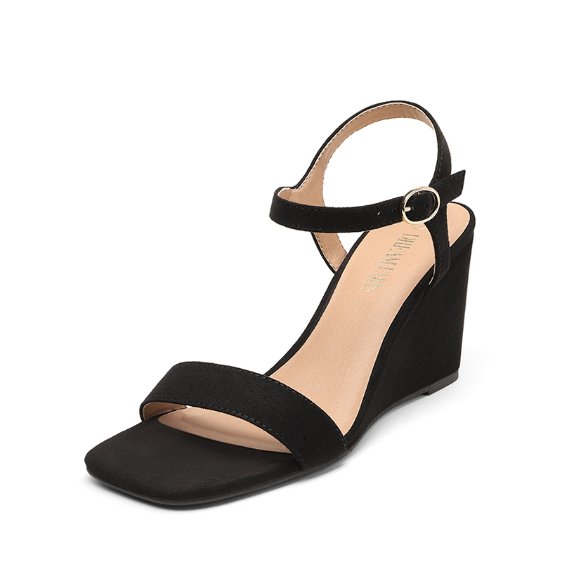 Women Buckle Decor Wedge Sandals, Artificial Leather Slingback Sandals  Black
