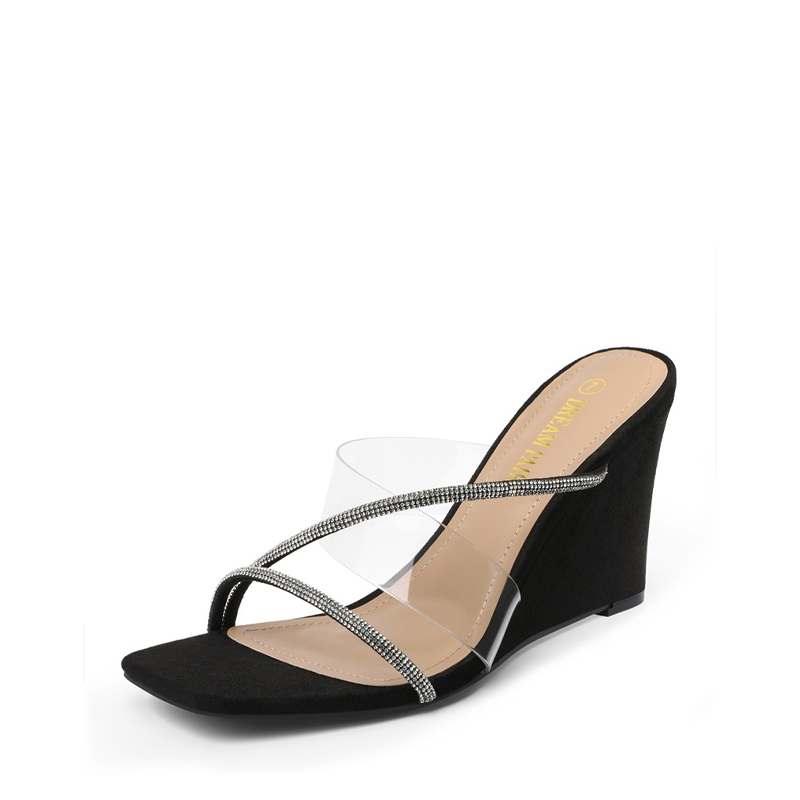 Black Sequined Splicing Sheepskin Wedge Slide Sandals main image 0